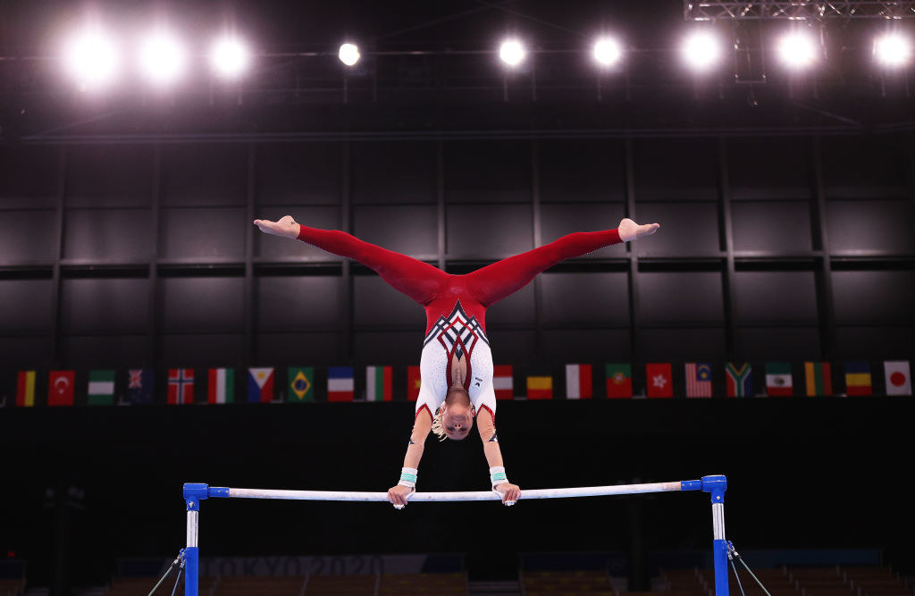 Elisabeth Seitz of Team Germany competes on uneven bars at the Tokyo Olympics