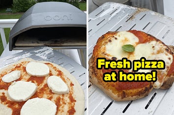 on the left the writer's uncooked pizza in front of a pizza oven, on the right the finished pizza captioned "fresh pizza at home"