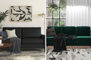 A split photo of a black faux leather couch and a green velvet couch