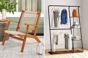 a wooden chair; a clothing rack