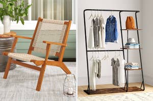 a wooden chair; a clothing rack