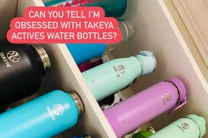 Cabinet full of Takeya water bottles captioned "can you tell I'm obsessed with takeya actives water bottles"