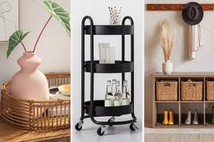 The rattan basket, 3-tier cart, and 6-cube shelf with seagrass baskets