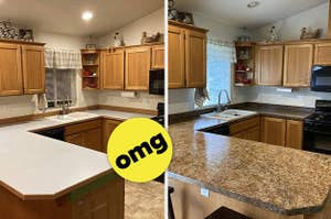 Plain kitchen countertops on the left; kitchen countertops painted with a realistic granite-look painting kit on the right