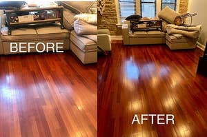 Reviewer's photo of their floors before and after floor restorer