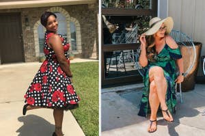 reviewer wearing flared polka dot and floral midi and reviewer in cold shoulder leaf print maxi