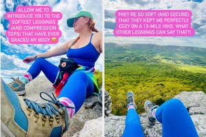 writer in blue leggings captioned "allow me to introduce you to the softest leggings and compression tops that ever graced my body, they're so soft (and secure) that they kept me perfectly cozy on a 13-mile hike, what other leggings can say that"
