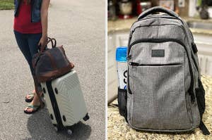 A person wheeling a white hardside suitcase on the left and a gray travel backpack on the right