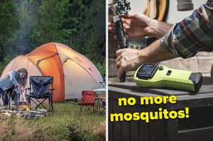 A split thumbnail of a campsite and a mosquito repellent 