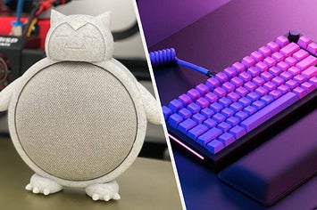 to the left: a snorlax cover for a speaker, to the right: an ombre keyboard