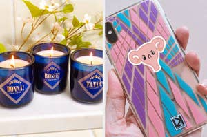 mamma mia inspired candles and an angry uterus sticker