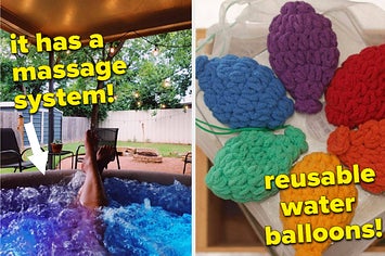 A split thumbnail of a hot tub and water balloons