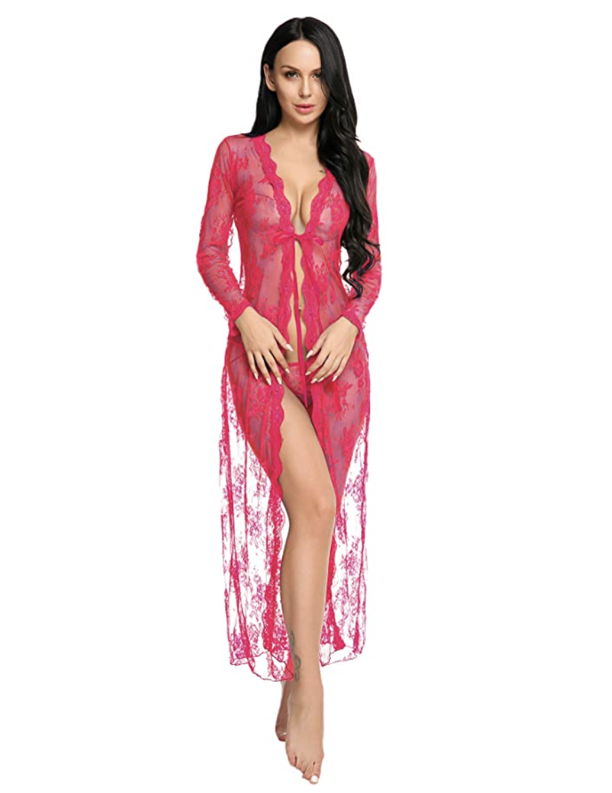 Model wearing bright pink robe