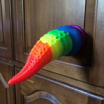 Rainbow-colored tentacle dildo attached to wall
