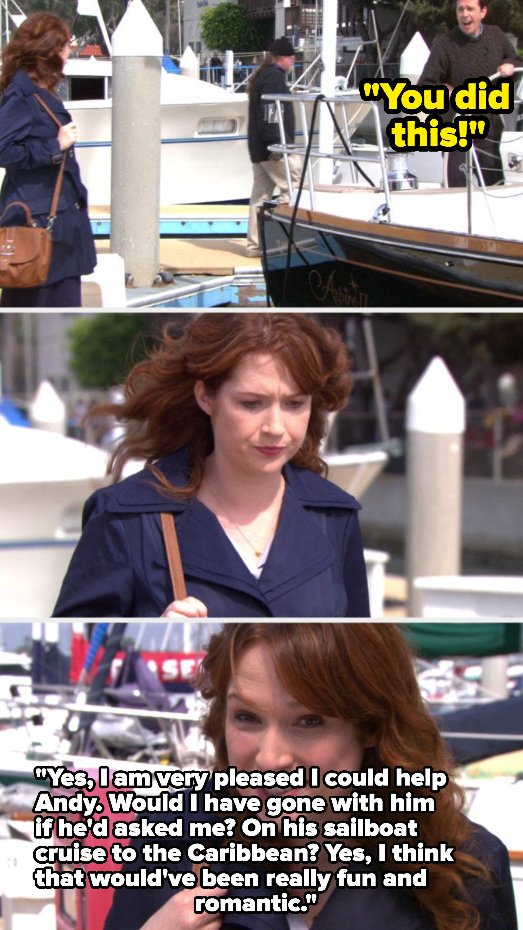 Andy sailing off in his boat and Erin telling the camera that she wishes he asked her to come