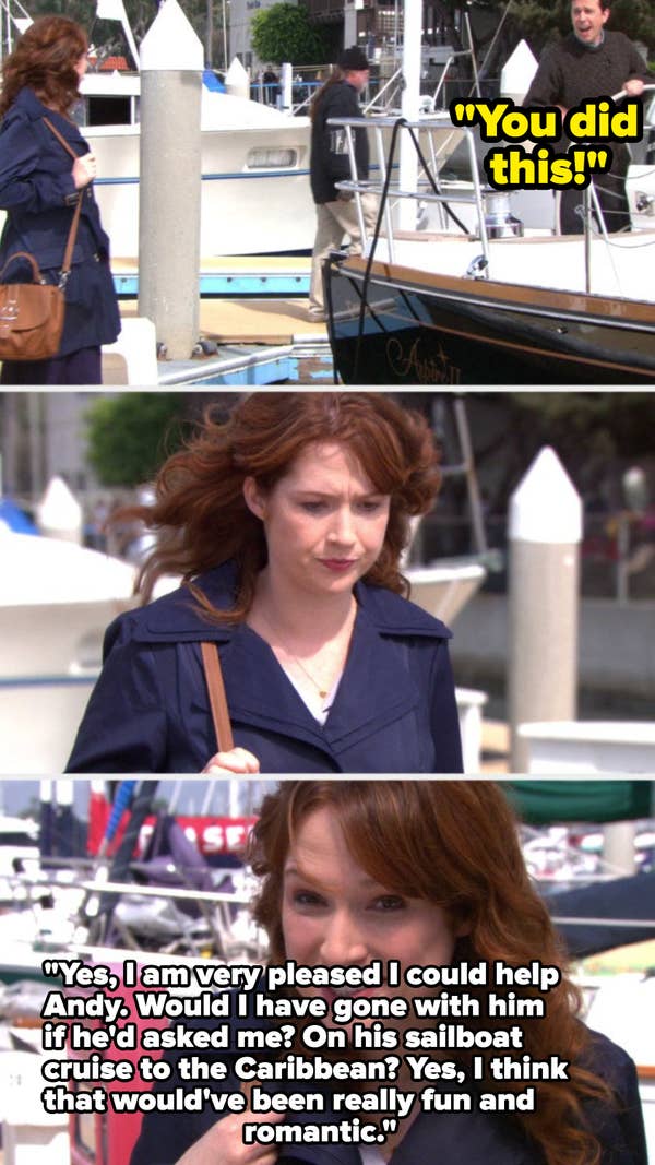 7. When Andy left Erin behind on the boat on the TV show, The Office, it was shocking how he treated her by leaving her on the boat. Also, all the lies he told Robert California to cover up his own mistakes.