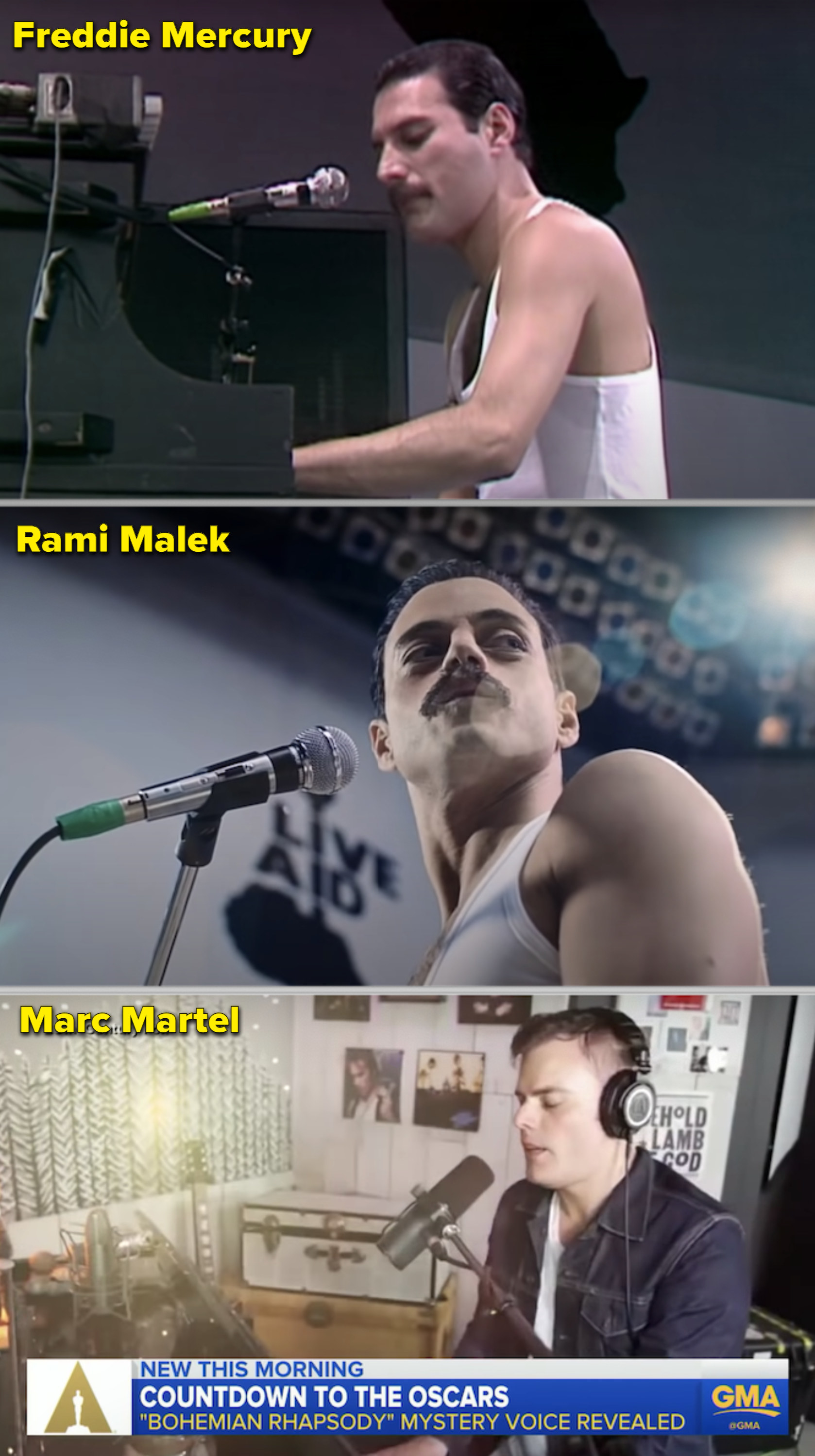 Freddie, Rami, and Marc all singing separately
