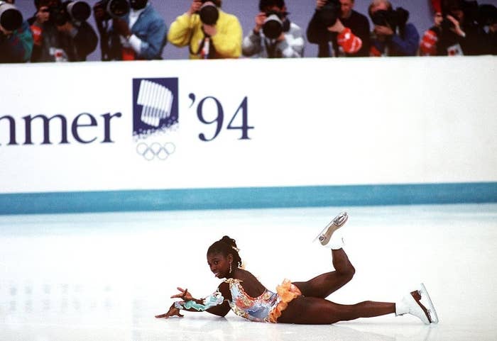 Bonaly on the ice after falling during her short program at the 1994 Games