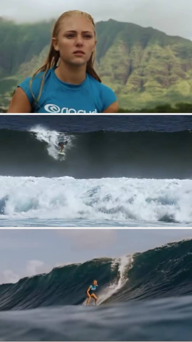 AnnaSophia Robb in a close-up, and then Bethany Hamilton surfing in faraway shots