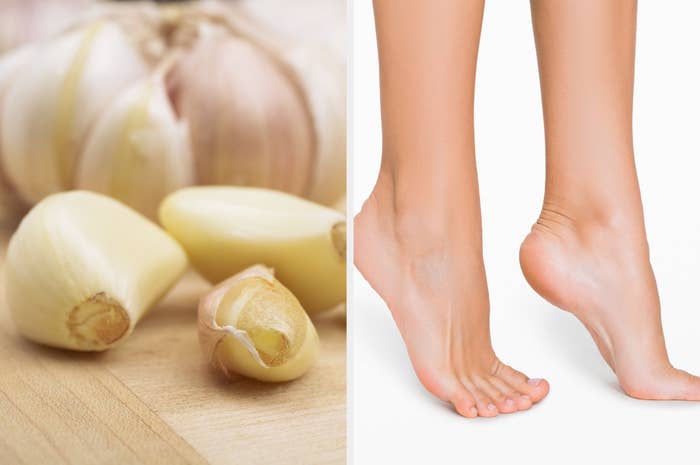 cloves of garlic, next to bare feet