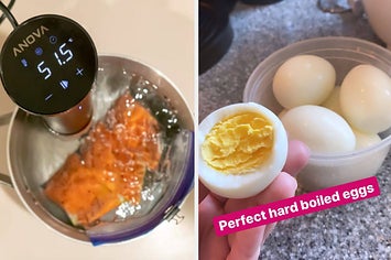 On the left, a sous vide cooker, and on the right, perfectly cooked hard boiled eggs made in a rapid egg cooker