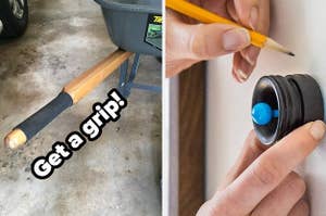 grip on a wheelbarrow handle with the text "get a grip!" and a magnetic stud finder