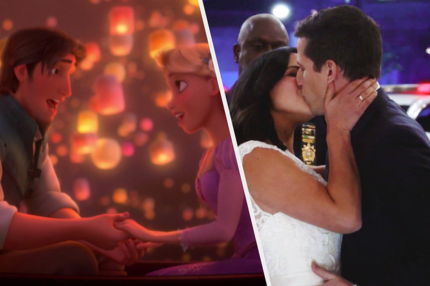 Flynn Rider holds hands with Rapunzel as lanterns float behind them and Amy and Jake kiss at their wedding