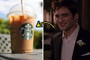 a starbucks drink on the left and edward cullen on the right