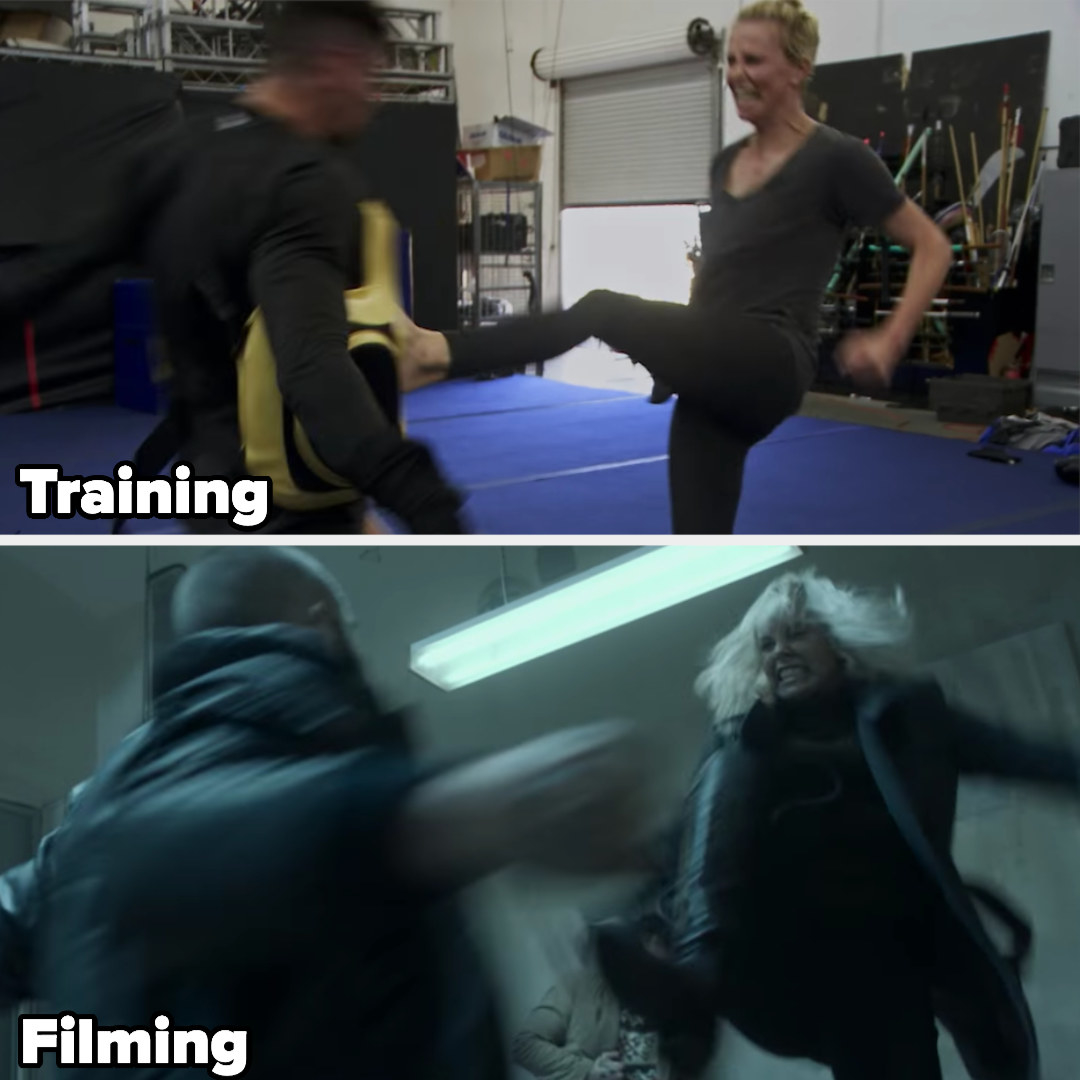 Charlize Theron kicking a guy in training and then while filming
