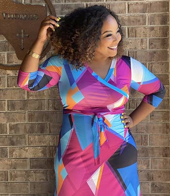 image of reviewer wearing the multicolored triangle maxi dress
