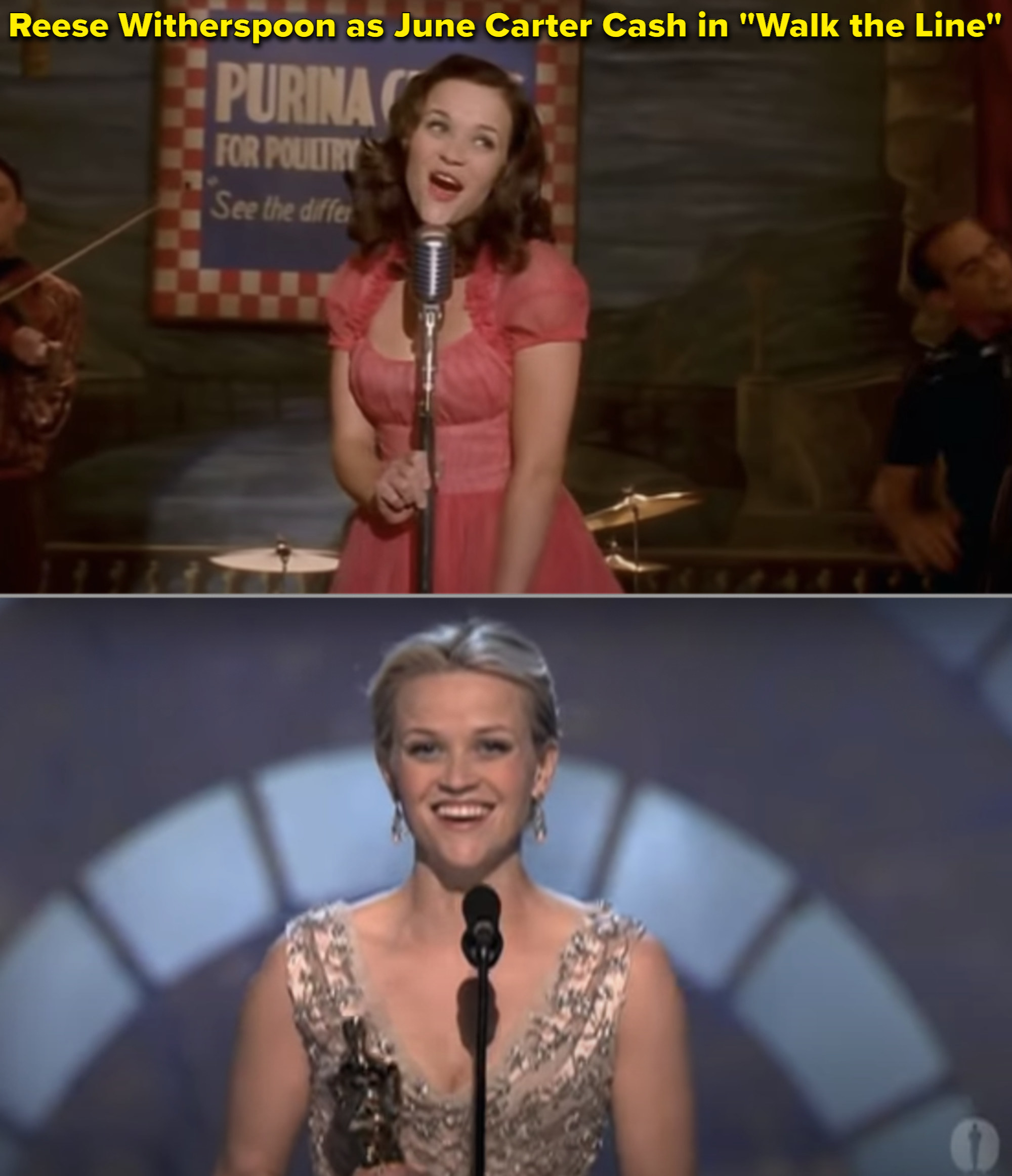 Reese on stage in the movie vs. her accepting her Oscar