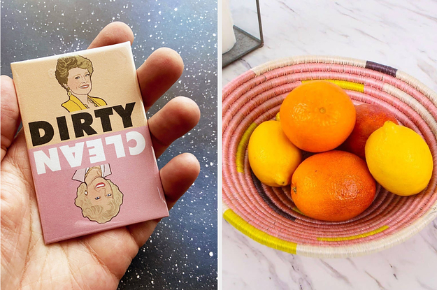 a golden girls dishwasher magnet and a woven fruit basket