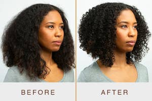 Before photo of model with flat, frizzy curls and after photo showing the products gave the curls more definition and reduced frizz