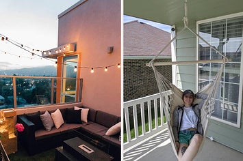 on left, string lights hanging over balcony with sectional sofa. on right, reviewer lounges in white hammock chair on porch