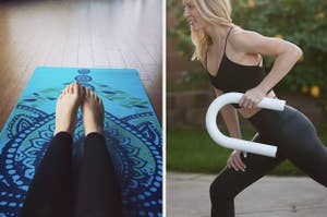 on left, reviewer sits on green and blue yoga mat. on right, model holds white U-shaped weight while working out
