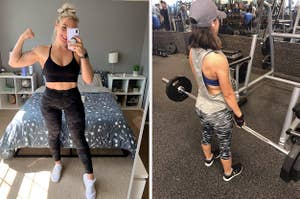 on left, reviewer in strappy black sports bra. on right, reviewer in gray muscle tank