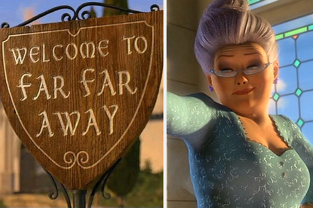 the far far away sign on the left and the fairy godmother on the right