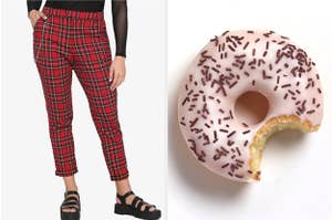 plaid pants next to a donut with a bite in it