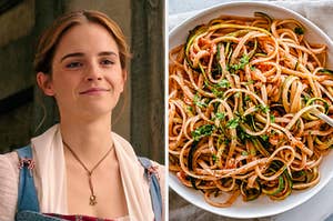 On the left, Emma Watson as Belle in the live-action "Beauty and the Beast," and on the right, a bowl of spaghetti with marinara sauce and zucchini