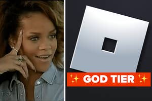 rihanna looking surprised on the left and the roblox logo on the right