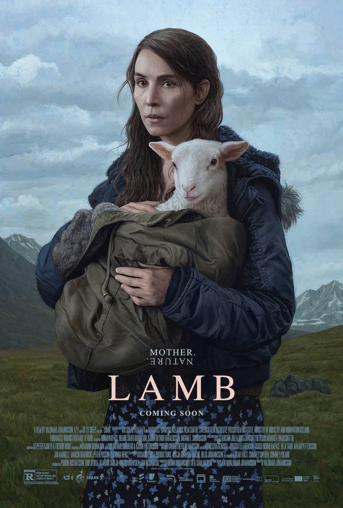Movie poster for Lamb that looks like a painting showing Noomi Rapace holding a lamb bundled in a winter coat