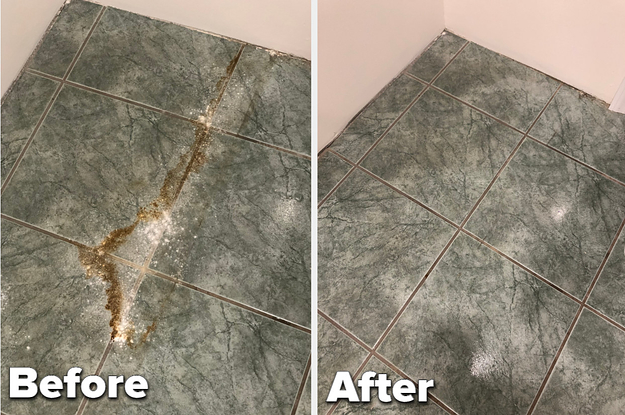 to the left: a tile floor with a stain on it, to the right: the same floor cleaned