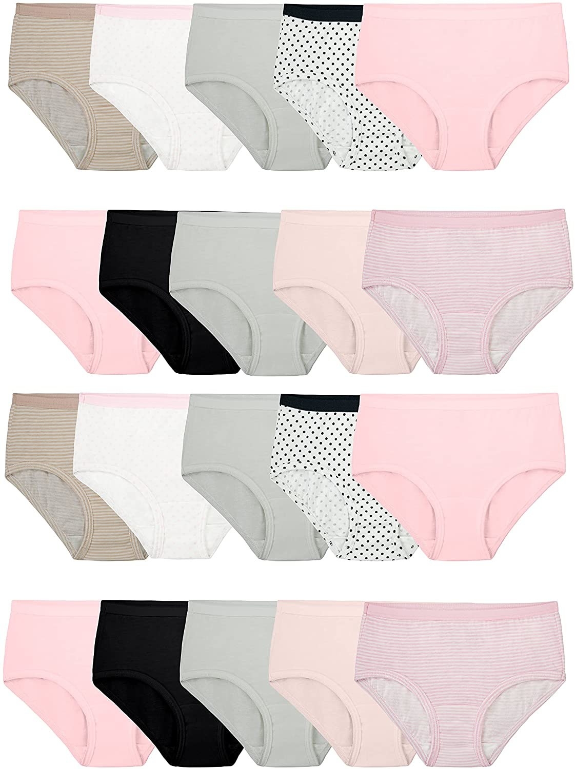 20 pieces of underwear in black, pink, grey and tan colors