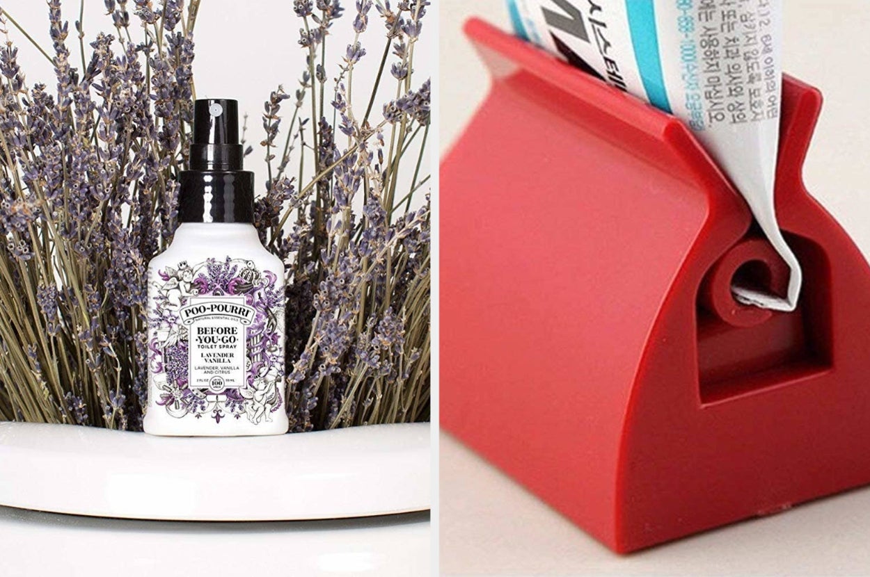 Poo-Pourri spray, toothpaste squeezer