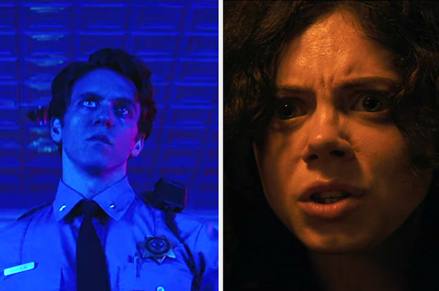 Office Goode looking deranged in cop uniform in the mall split with close-up of disturbed Sarah Fier