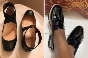 black strappy flats and a reviewer wearing black loafers