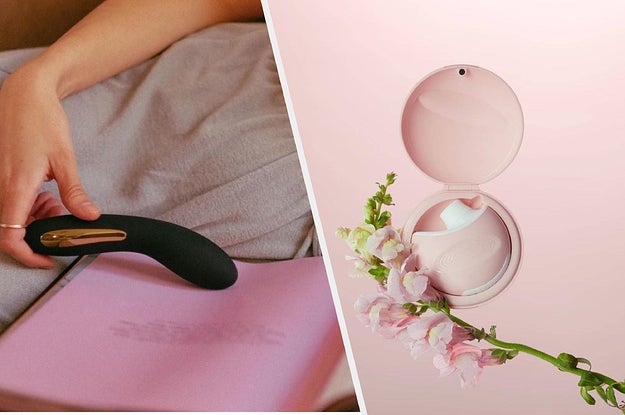 A split photo of 6.5-inch vibrator and a round air vibe in its matching carrying case