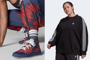 patterned Stella McCartney sneakers and a model wearing a black tracksuit