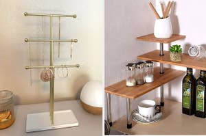 jewelry organizer on the left and a corner shelf on the right
