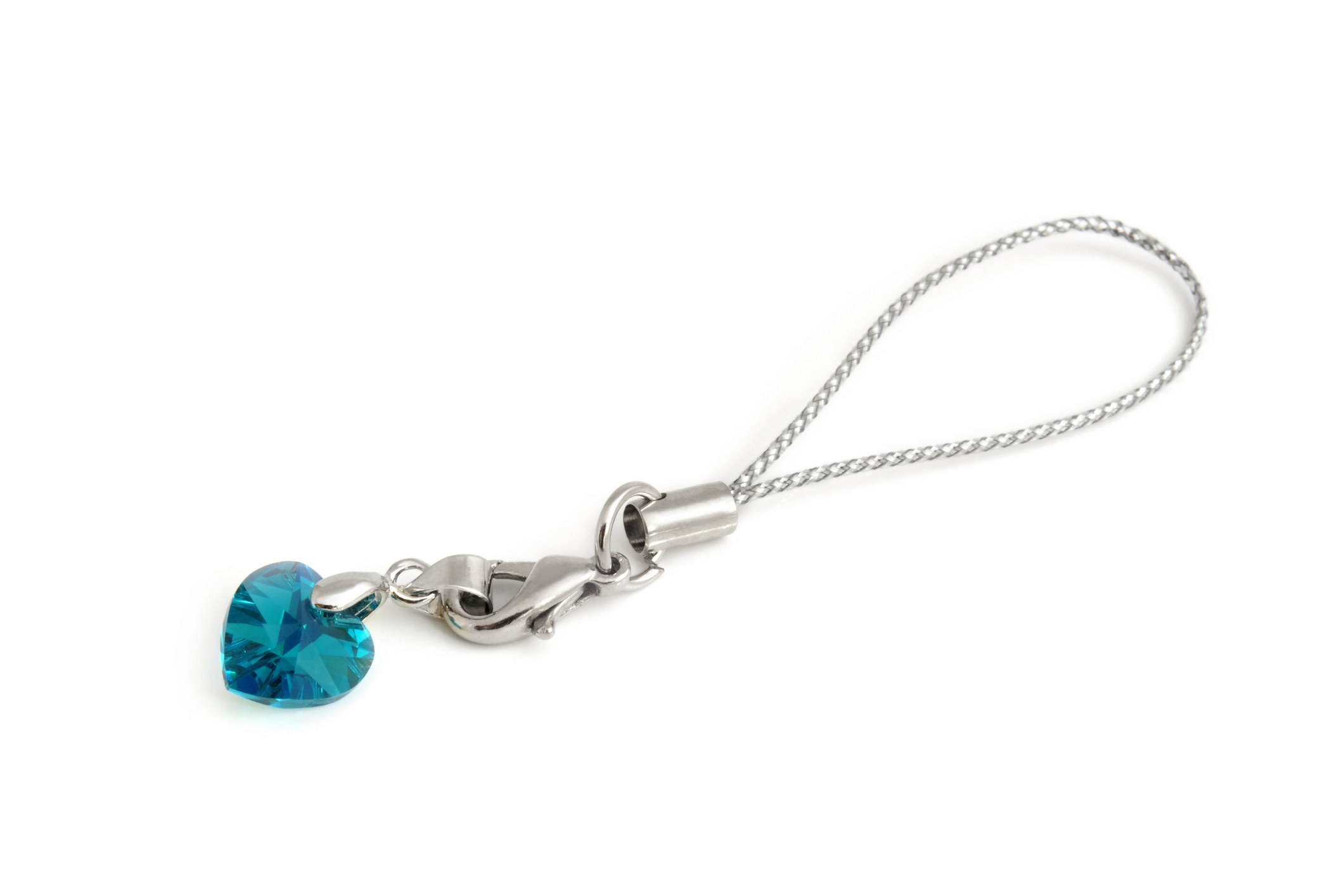 A silver cellphone loop charm with a blue heart charm